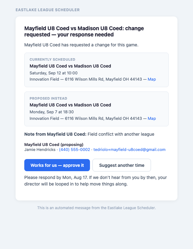 Email to the other coach with Approve and Suggest another time buttons